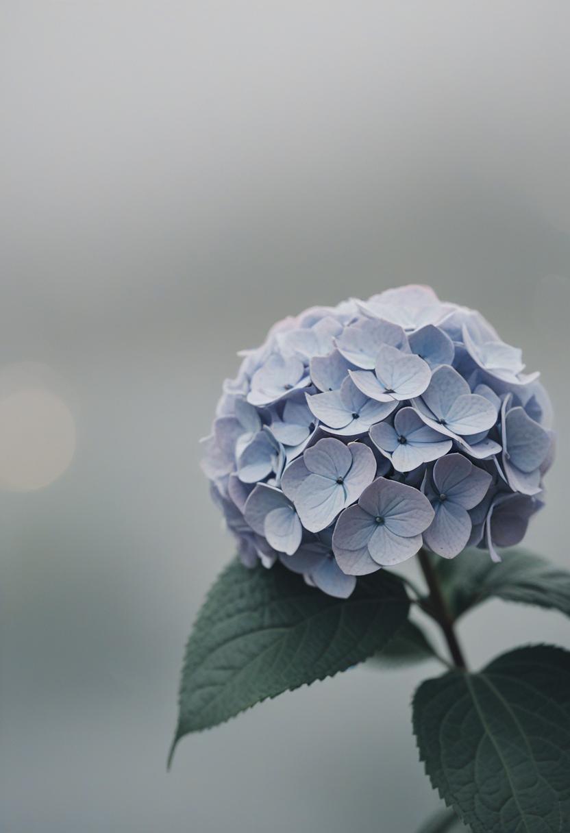 Soft hydrangea in minimalist, cloudy studio setting.