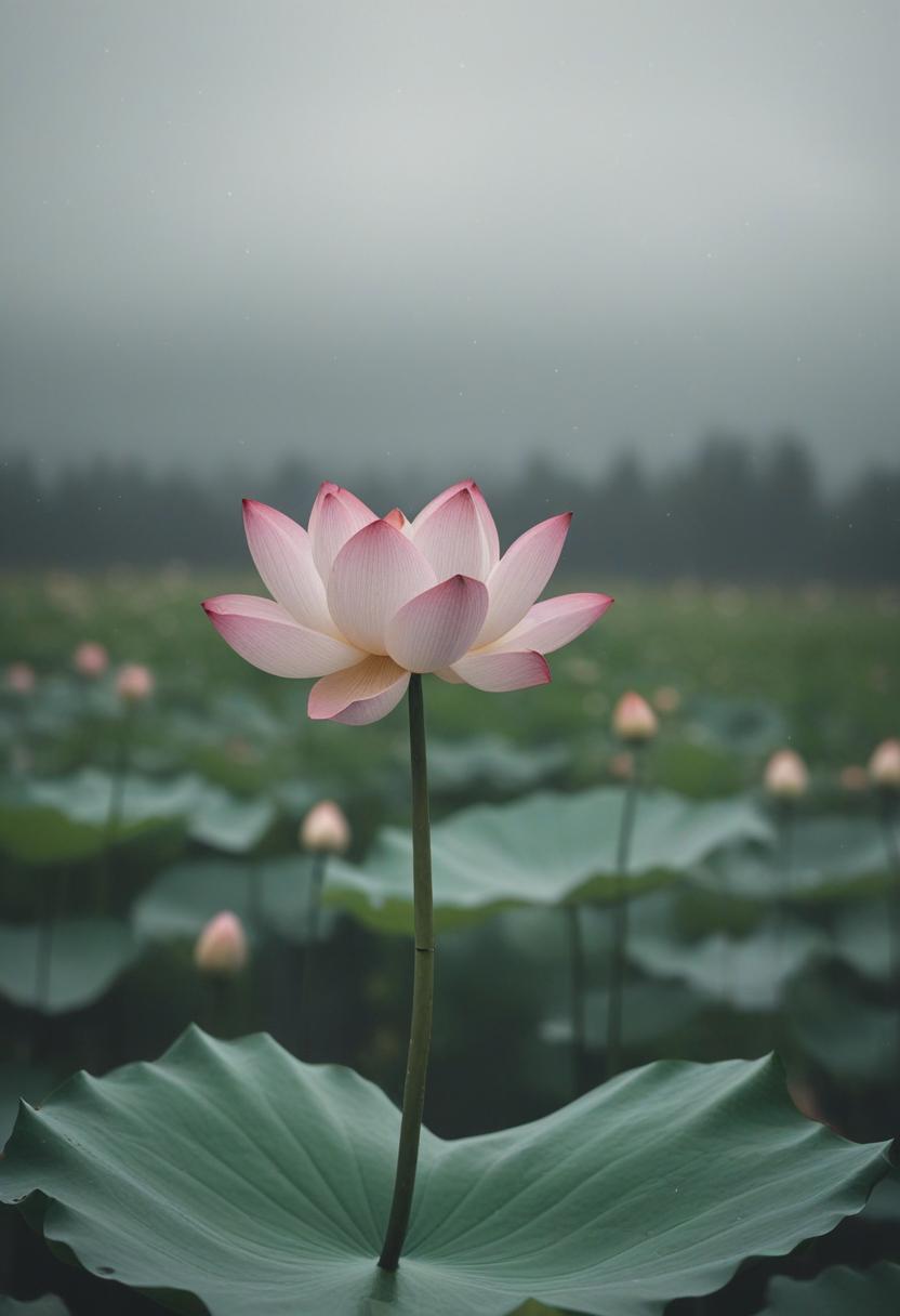 Minimalist lotus in cloudy sky, wide-angle view.