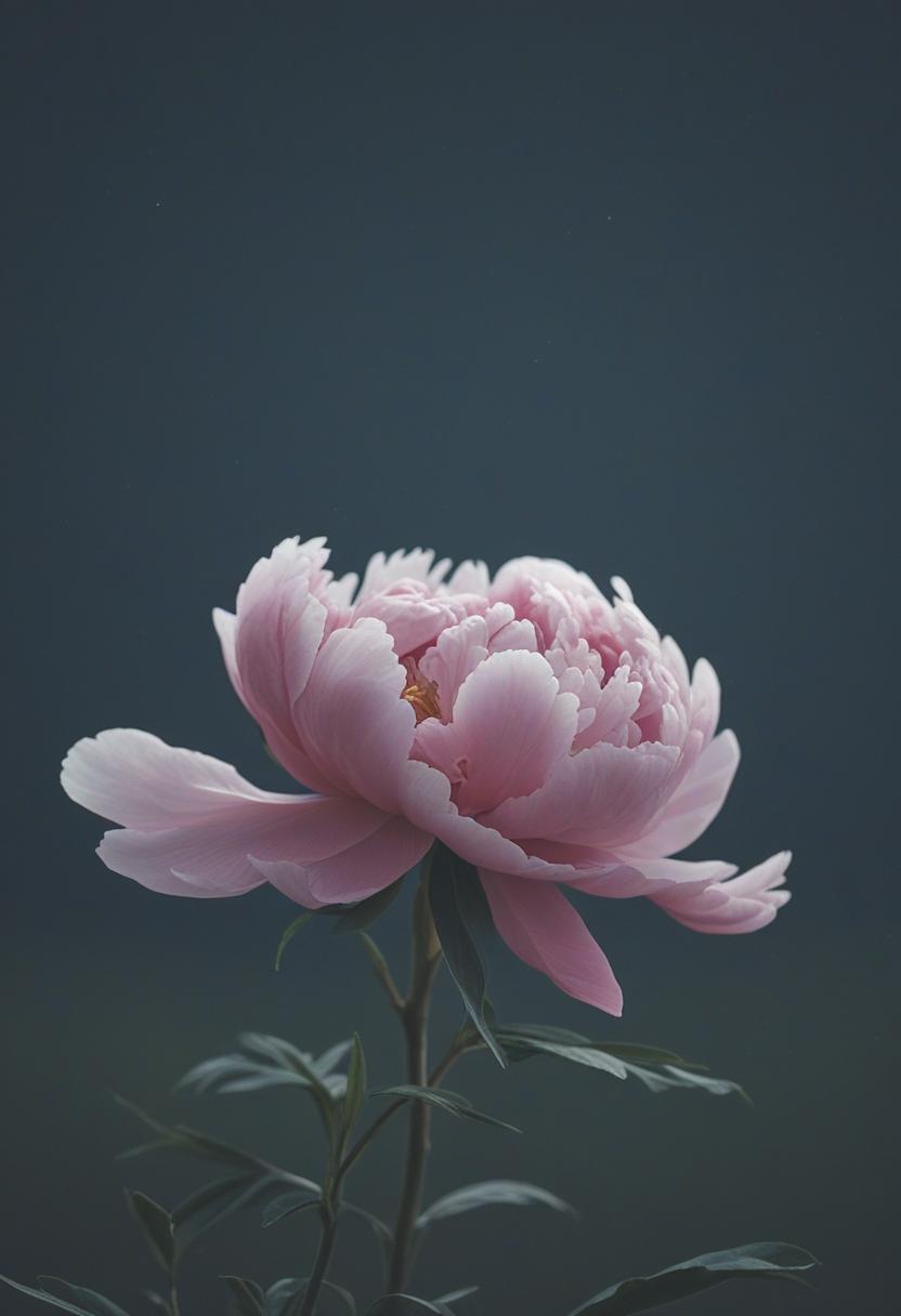 Moonlit peony in minimalist side view.