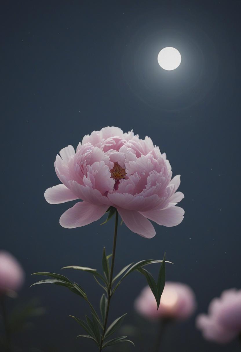 Moonlit peony in minimalist, wide-angle elegance.