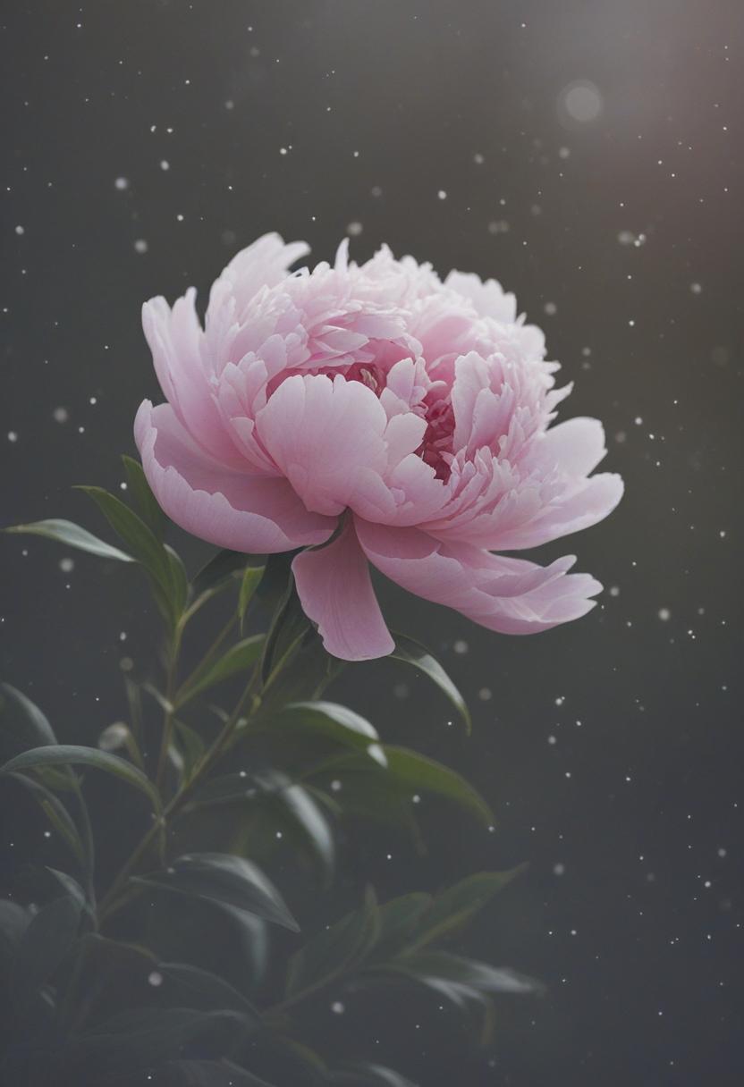 Soft light highlights minimalist peony in starry midshot.