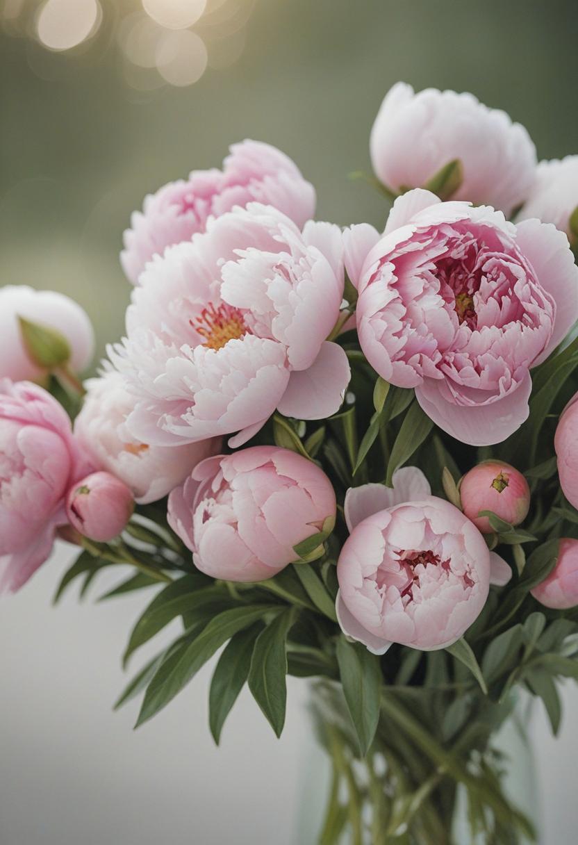 A vibrant peony bouquet in soft pastel colors.