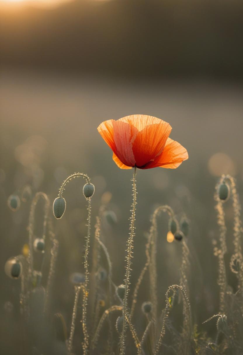 Golden hour poppy field in minimalist midshot.