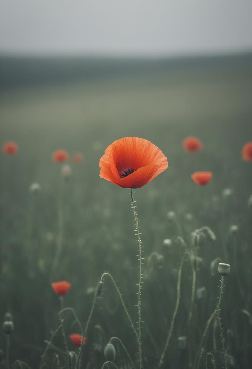 Soft poppy hues under cloudy skies in a minimalist scene.