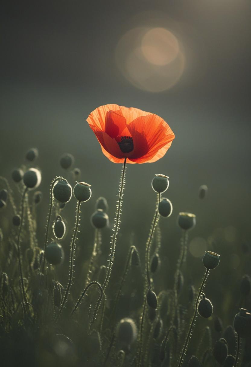 Dramatic poppy shadows in minimalist scenic backlighting.