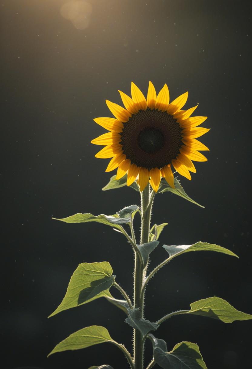 Sunflower in dramatic backlight, minimalist midshot.