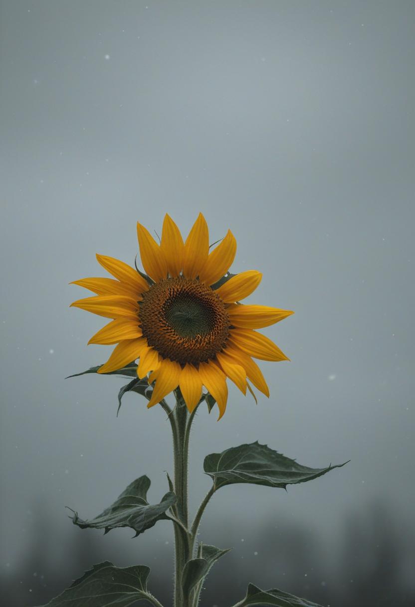 Sunflower in cloudy studio, minimalist and serene.