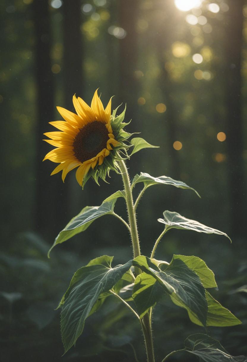 Sunflower in dappled forest light with minimalist font.
