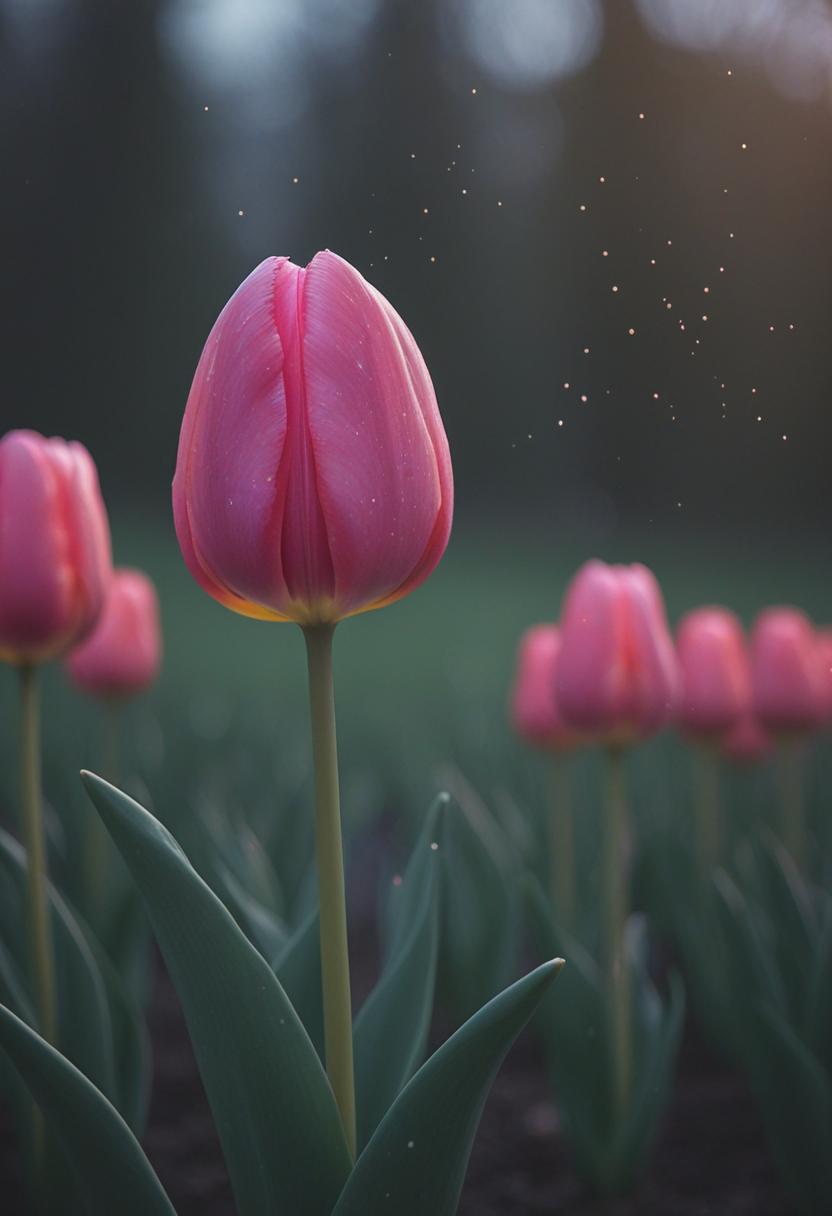 Neon tulips in minimalist wide-angle glow.