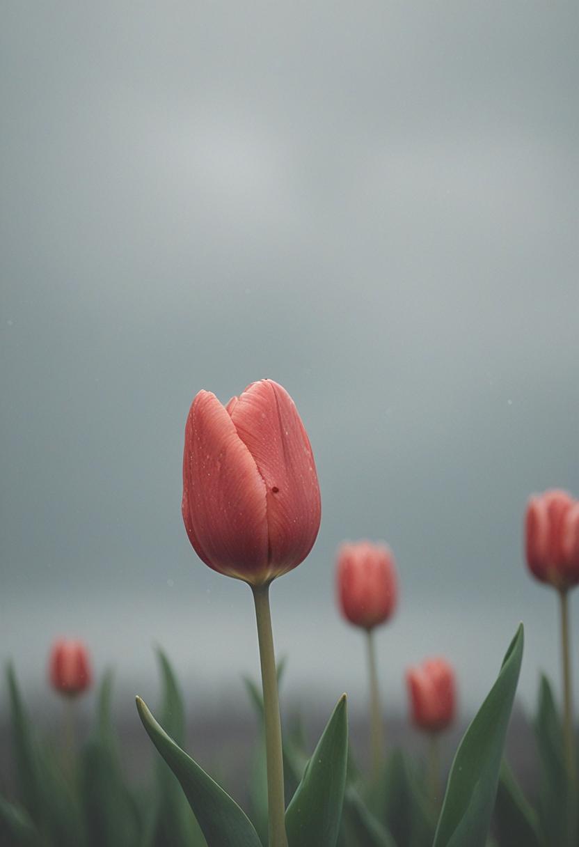 Tulips in minimalist font under cloudy skies.